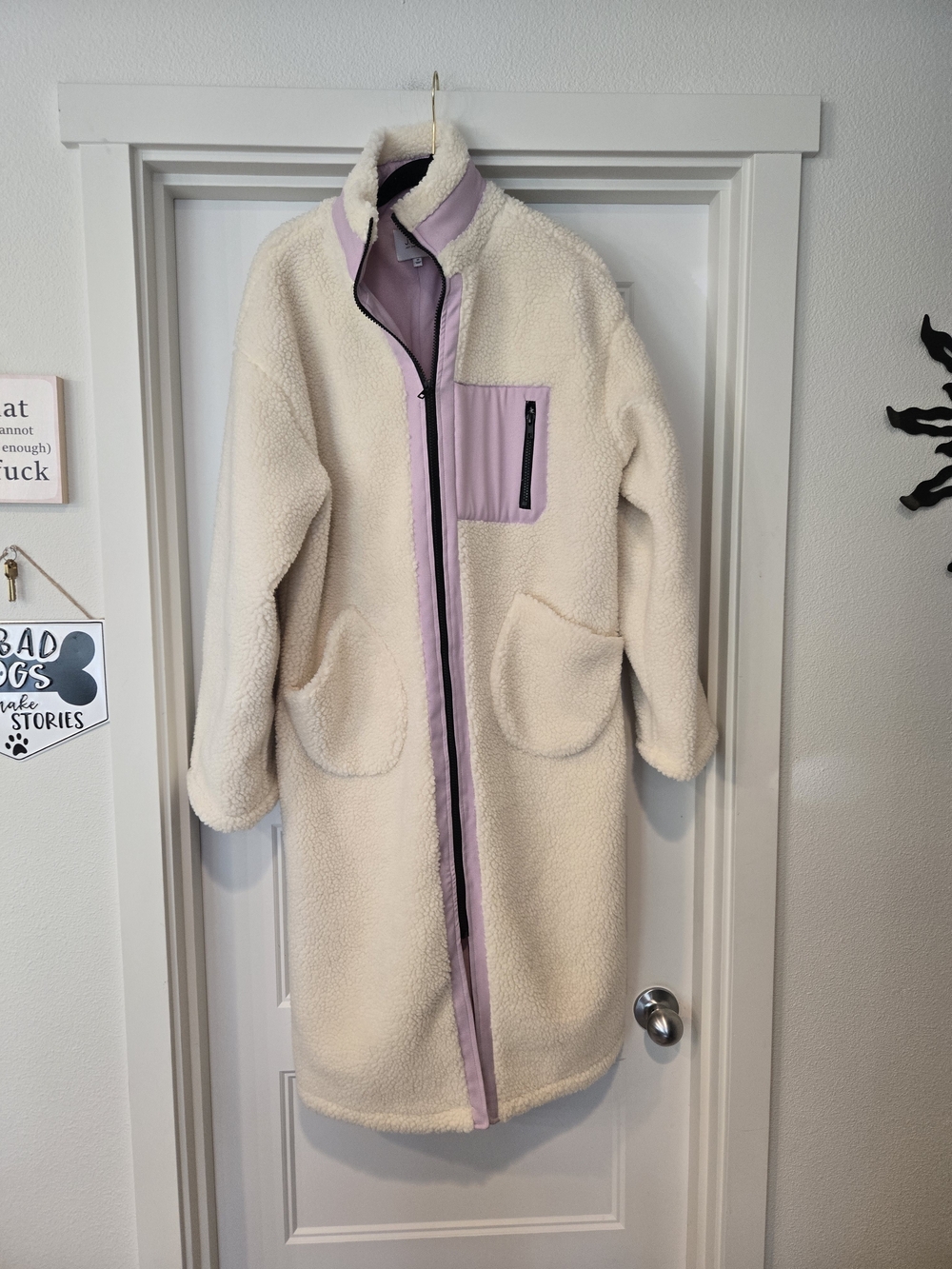 NWOT! Cream Sherpa Long Coat with Lavender Trim & Lining. Size M